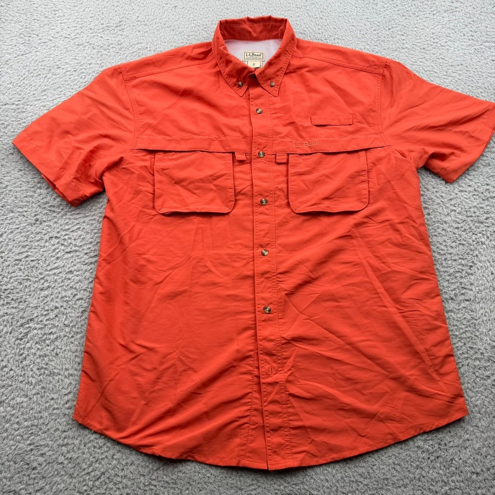 LL Bean Fishing Shirt Mens Medium Orange Solid Short Sleeve Vented Back Button